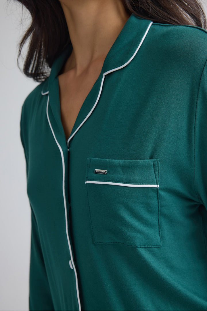 Classic Long Pajama Set for Women in Green, Contrast Piping