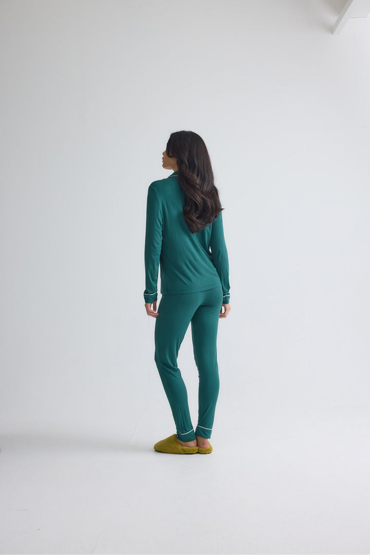 Classic Long Pajama Set for Women in Green, Contrast Piping