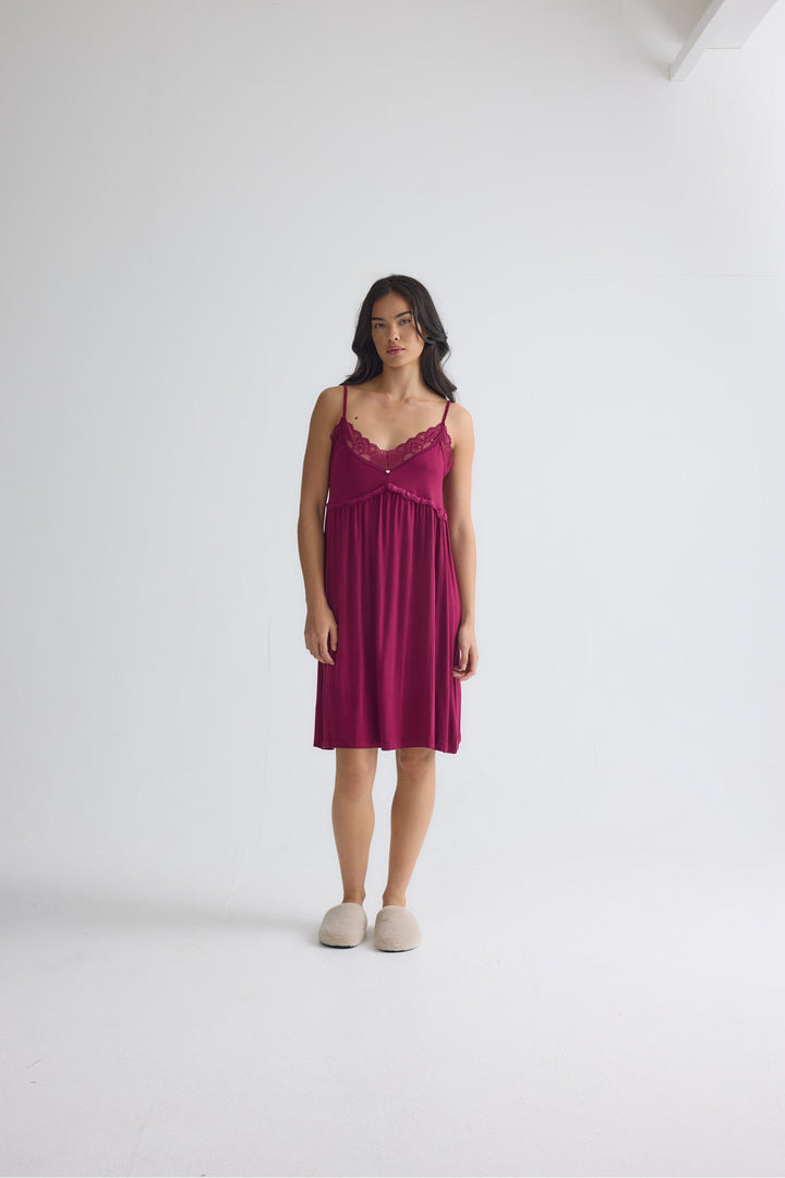 Lace Trim Slip Nightgown in Burgundy, Knee Length Chemise