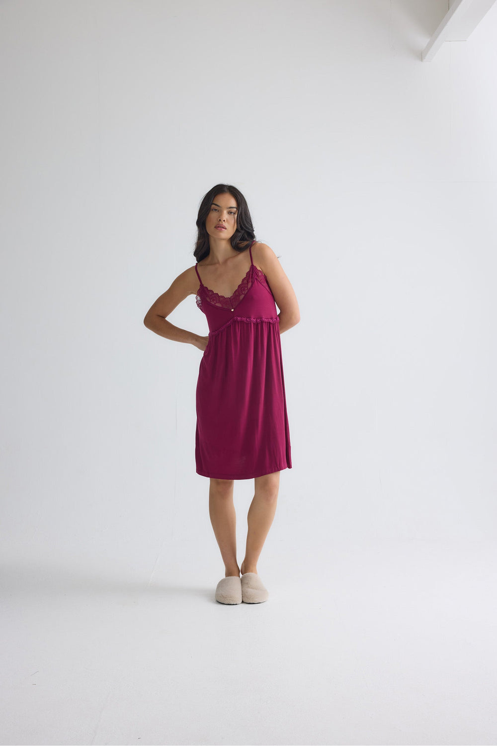 Lace Trim Slip Nightgown in Burgundy, Knee Length Chemise – photo 2