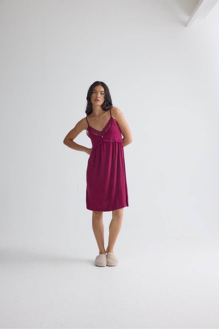 Lace Trim Slip Nightgown in Burgundy, Knee Length Chemise – photo 2