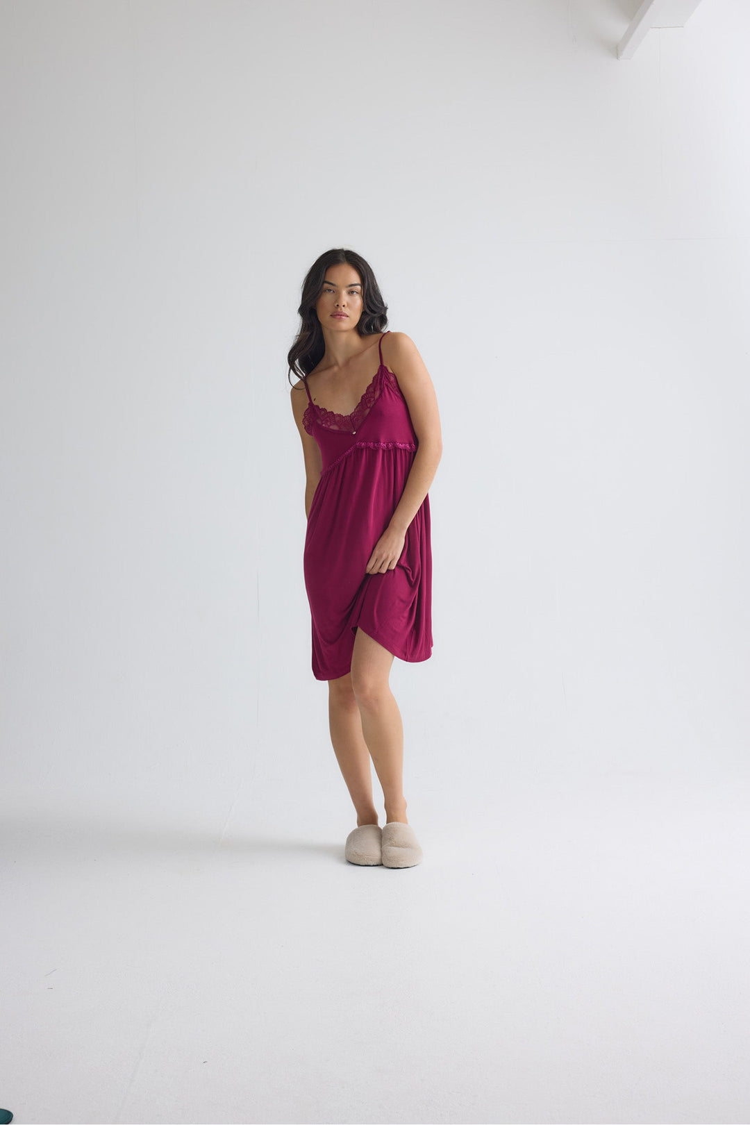 Lace Trim Slip Nightgown in Burgundy, Knee Length Chemise – photo 3