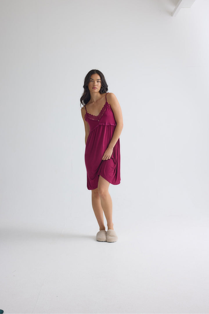 Lace Trim Slip Nightgown in Burgundy, Knee Length Chemise – photo 3
