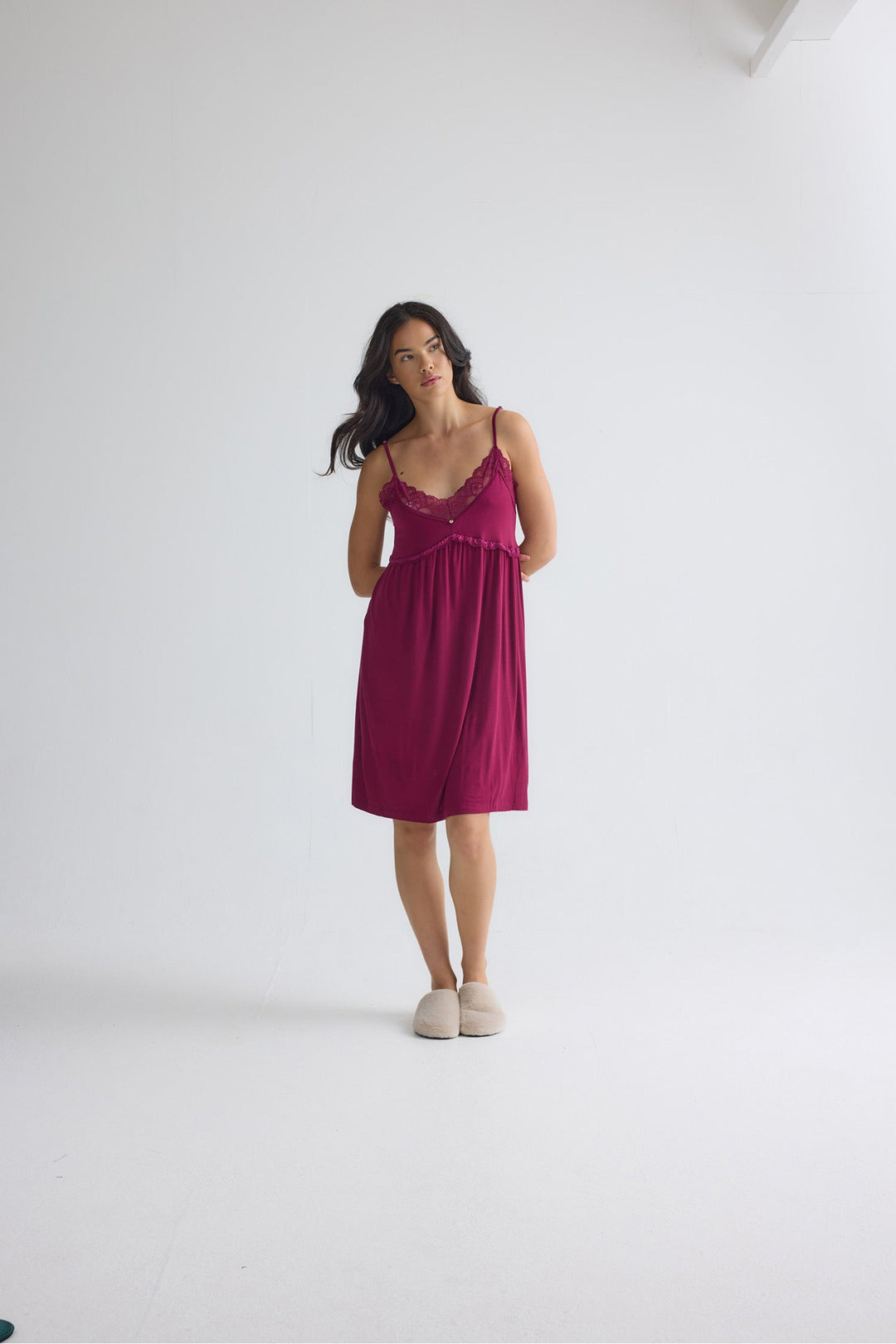 Lace Trim Slip Nightgown in Burgundy, Knee Length Chemise – photo 4