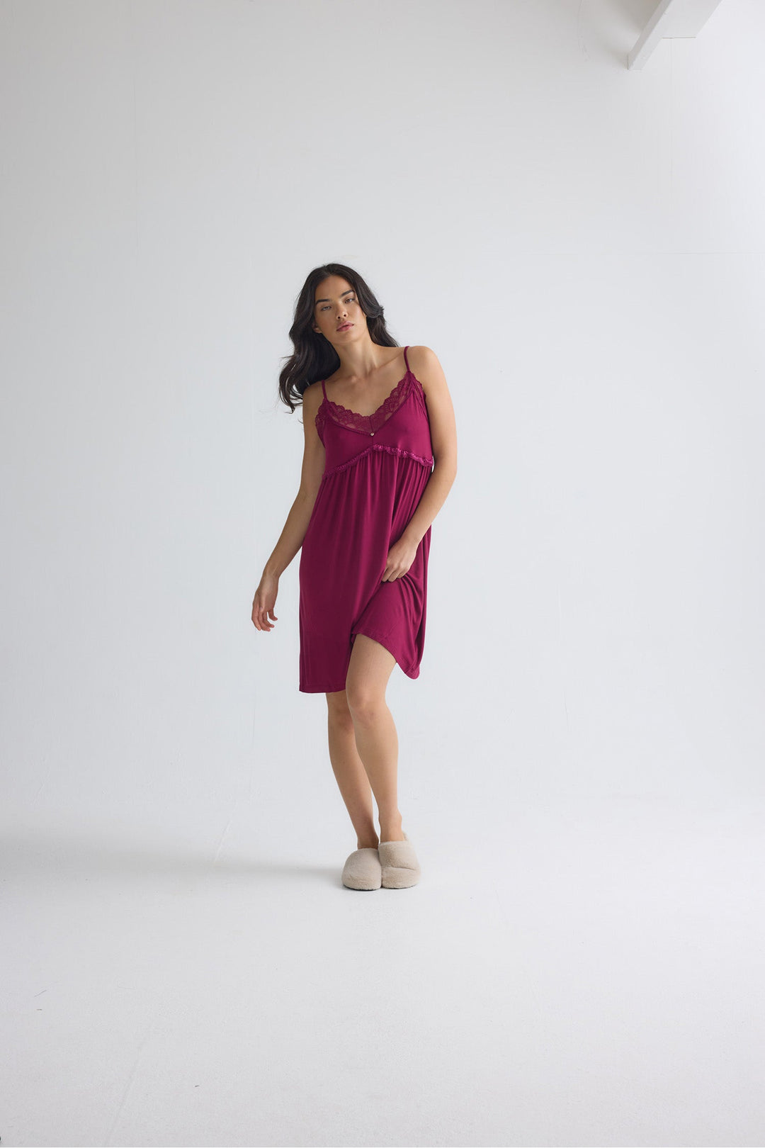 Lace Trim Slip Nightgown in Burgundy, Knee Length Chemise – photo 5
