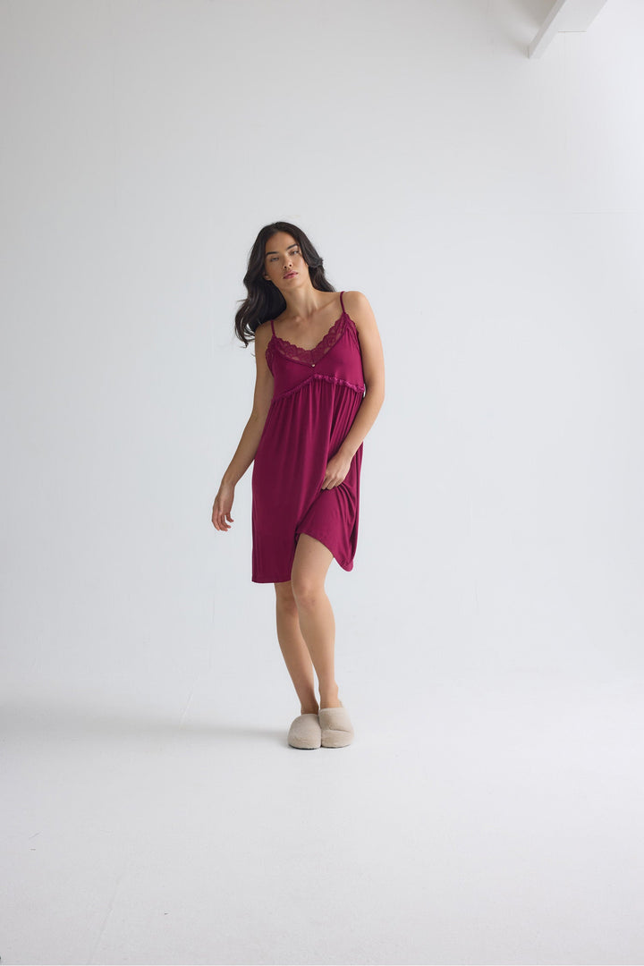 Lace Trim Slip Nightgown in Burgundy, Knee Length Chemise – photo 5