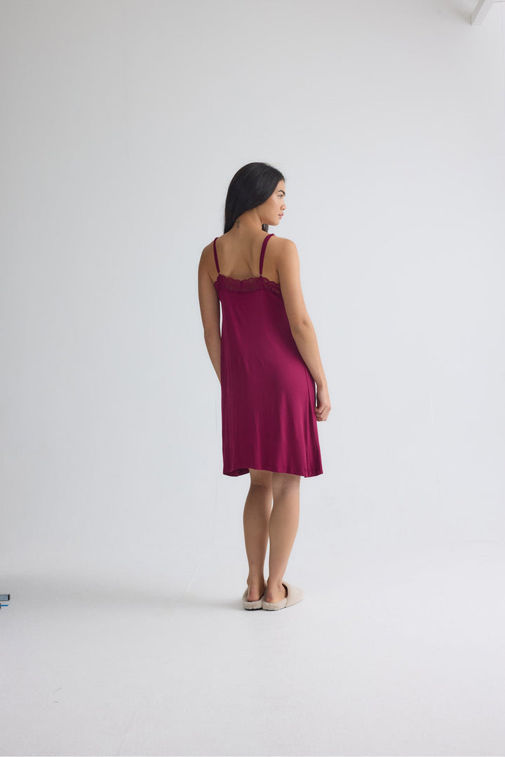Lace Trim Slip Nightgown in Burgundy, Knee Length Chemise – photo 8