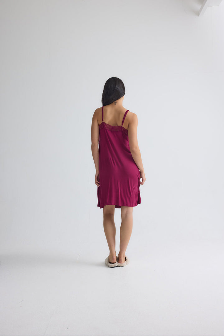 Lace Trim Slip Nightgown in Burgundy, Knee Length Chemise – photo 9