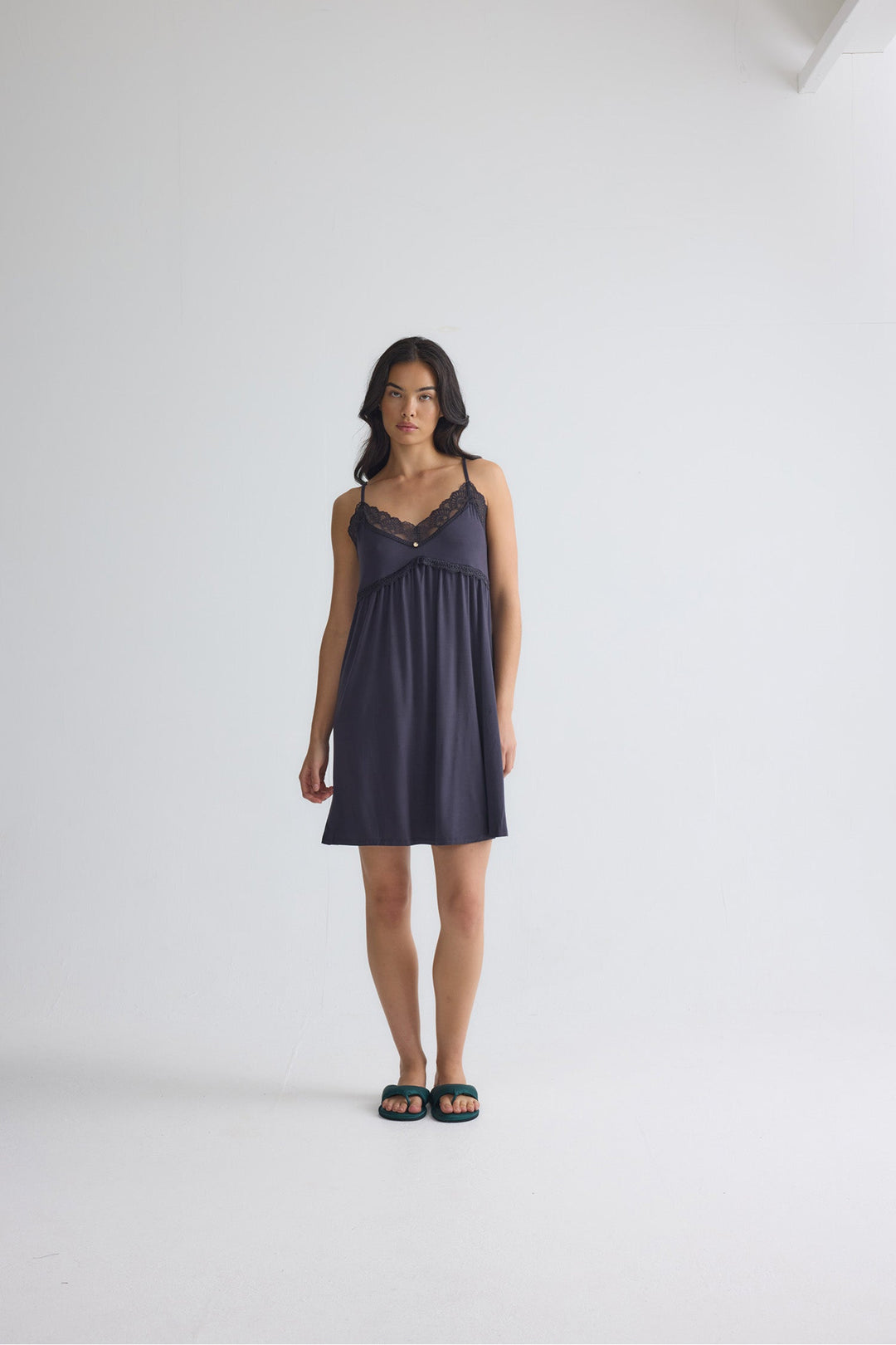 Lace Trim Slip Nightgown in Black, Knee Length Chemise