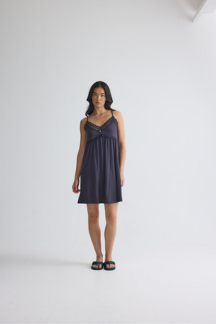Lace Trim Slip Nightgown in Black, Knee Length Chemise