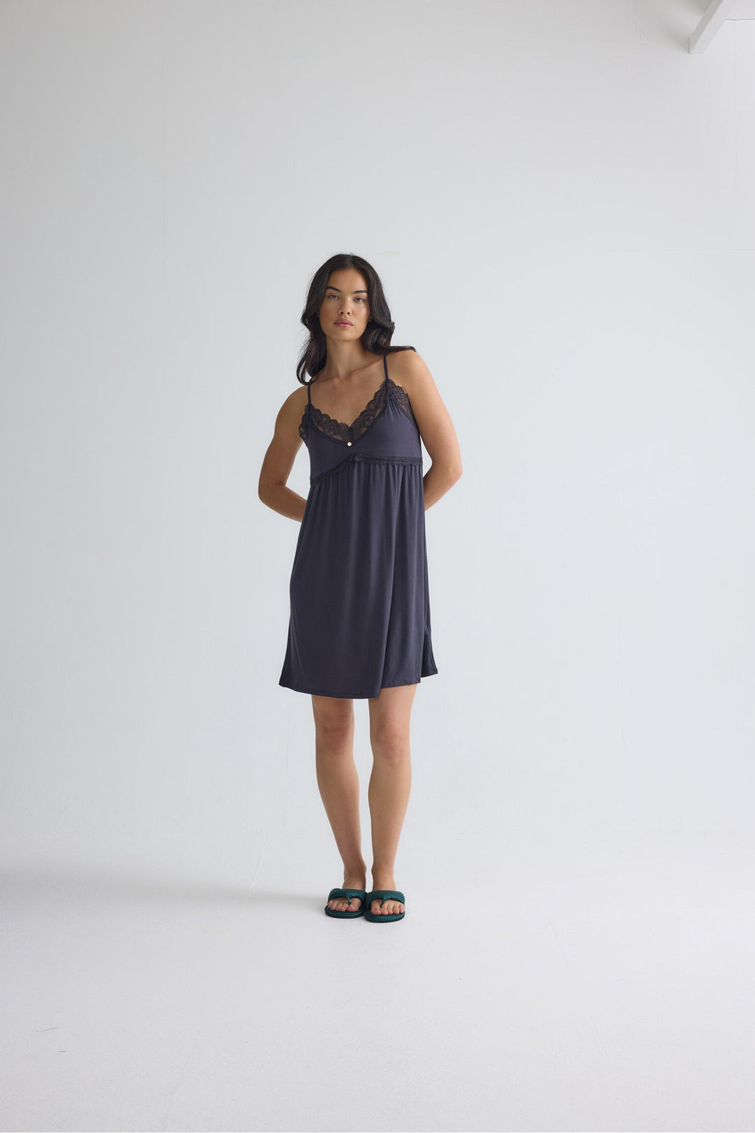 Lace Trim Slip Nightgown in Black, Knee Length Chemise – photo 3