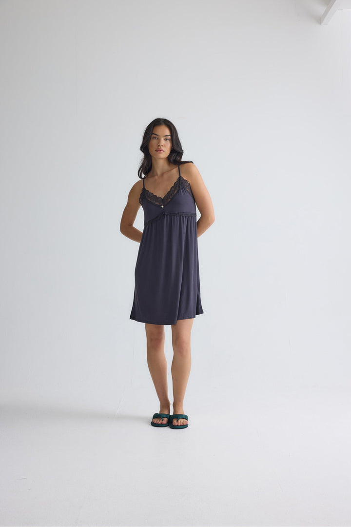 Lace Trim Slip Nightgown in Black, Knee Length Chemise – photo 3
