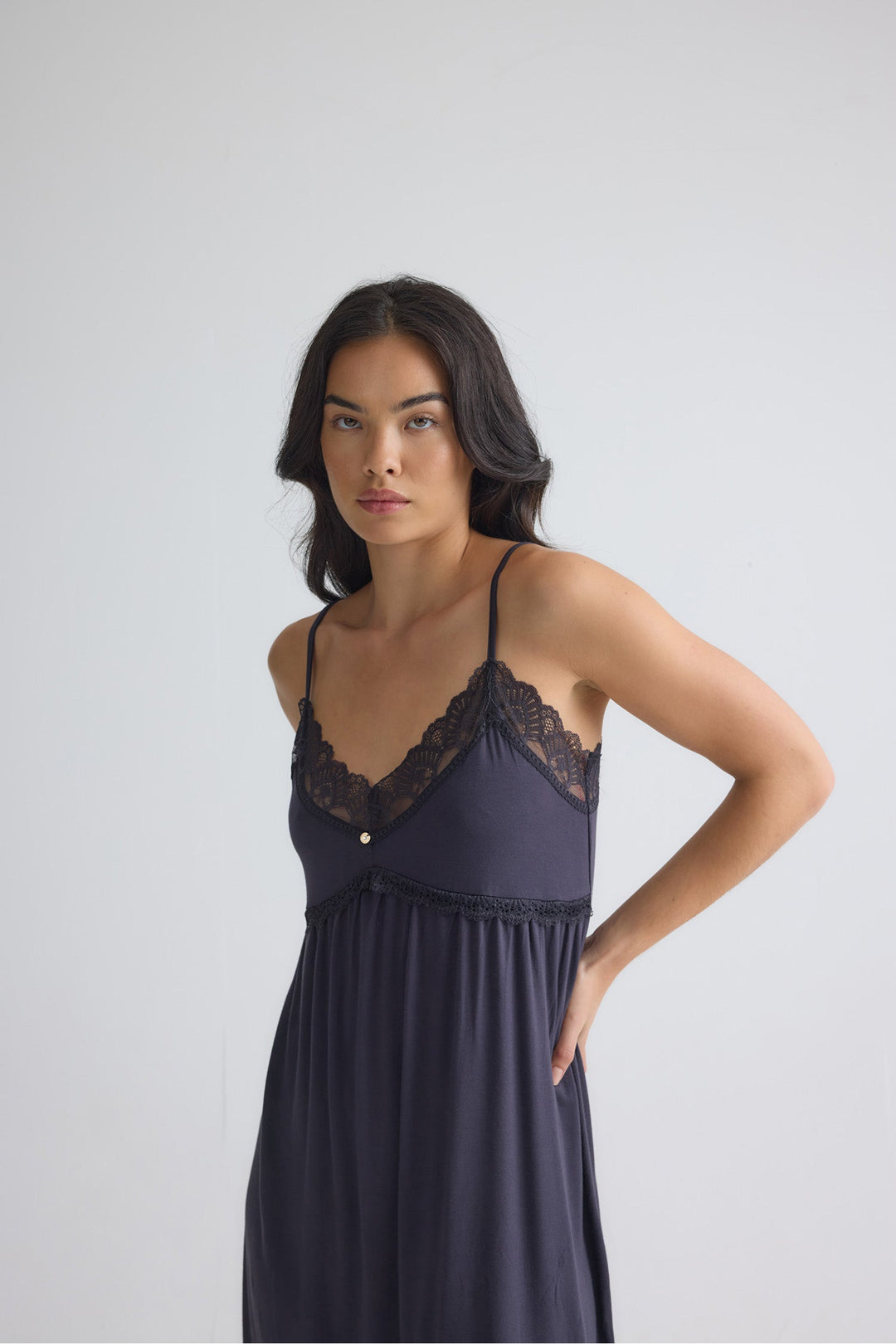 Lace Trim Slip Nightgown in Black, Knee Length Chemise – photo 5