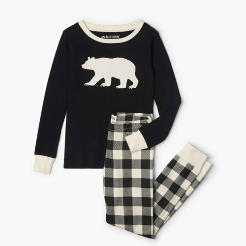 Matching Family Christmas Pajamas - Buffalo Plaid Bear, Black &amp; Cream