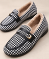 Women's Fleece Lined Loafers | Houndstooth Slip-On with Buckle
