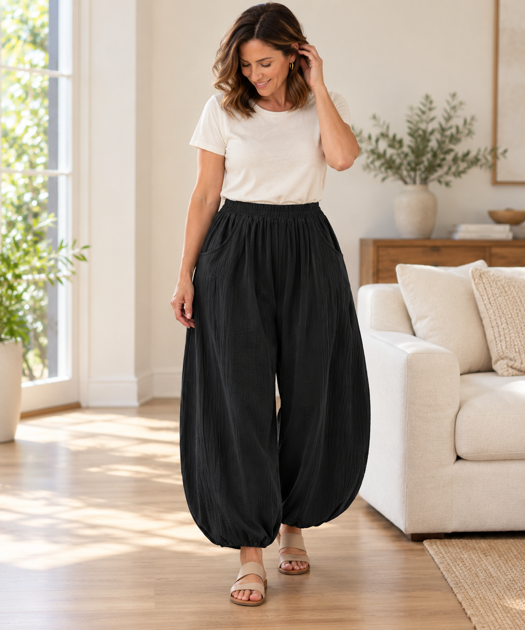 100% Cotton Balloon Leg Pants for Women with Pockets