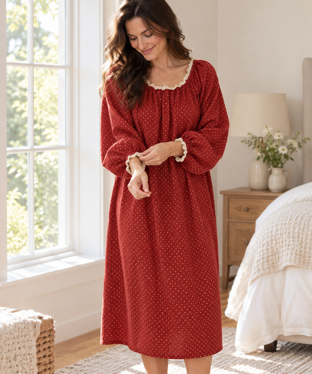 Long Sleeve Nightgown for Women in Red Floral, Lace Collar