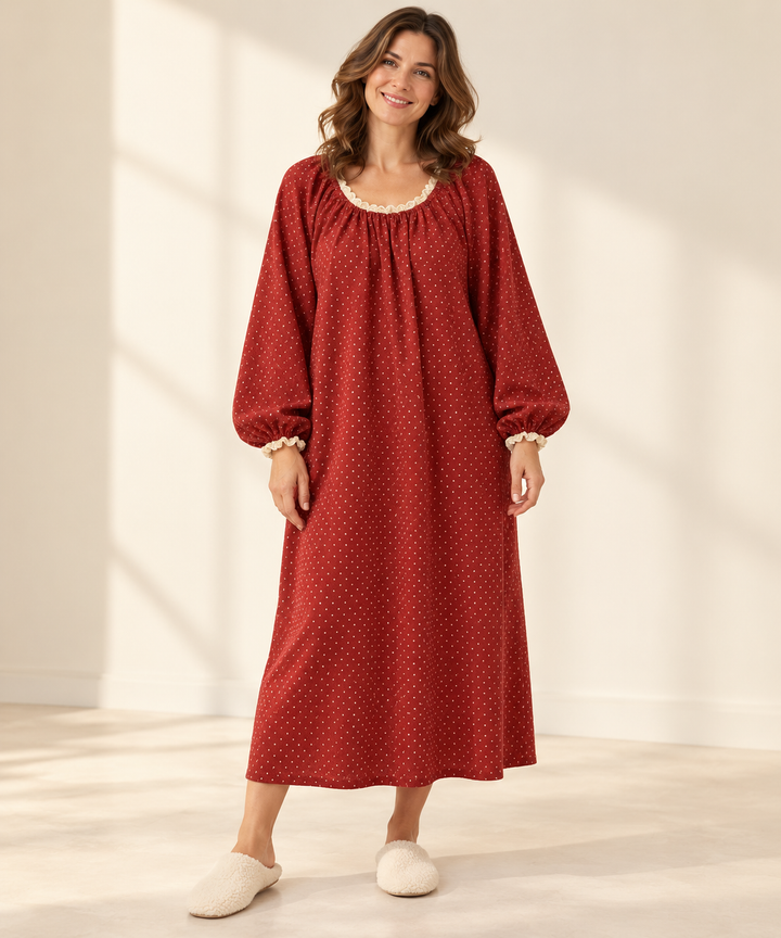 Long Sleeve Nightgown for Women in Red Floral, Lace Collar