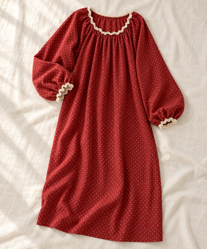 Long Sleeve Nightgown for Women in Red Floral, Lace Collar