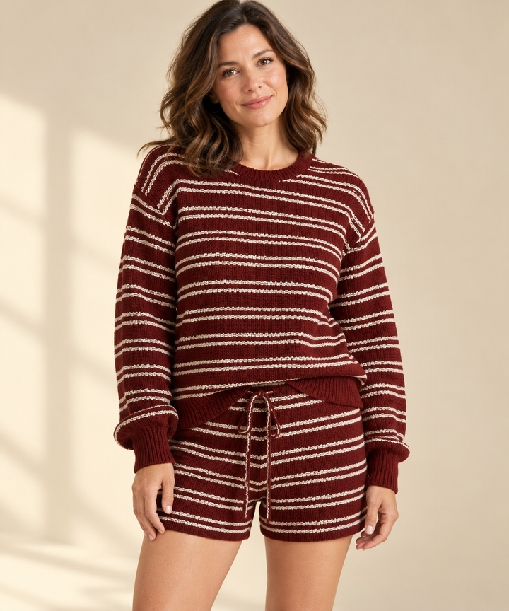 Striped Knit Lounge Set for Women, Long Sleeve Top and Shorts