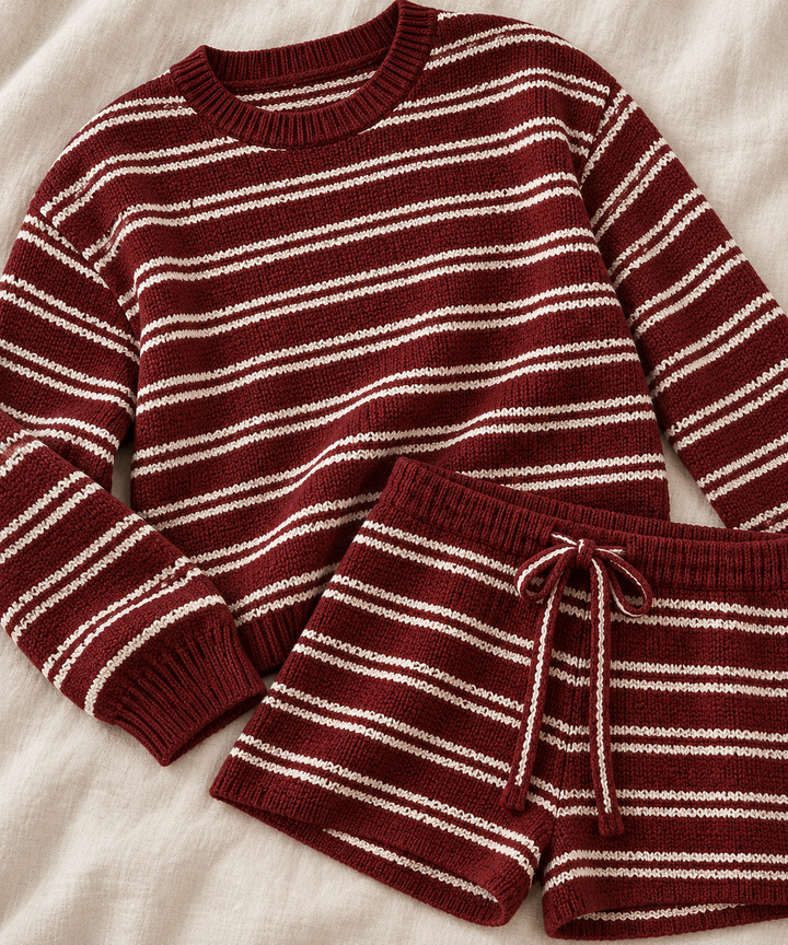 Striped Knit Lounge Set for Women, Long Sleeve Top and Shorts