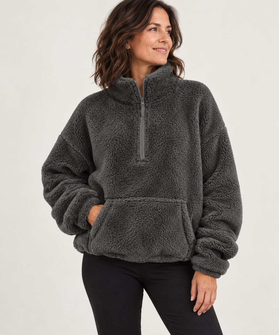 Teddy Fleece Half-Zip for Women, Oversized with Stand Collar