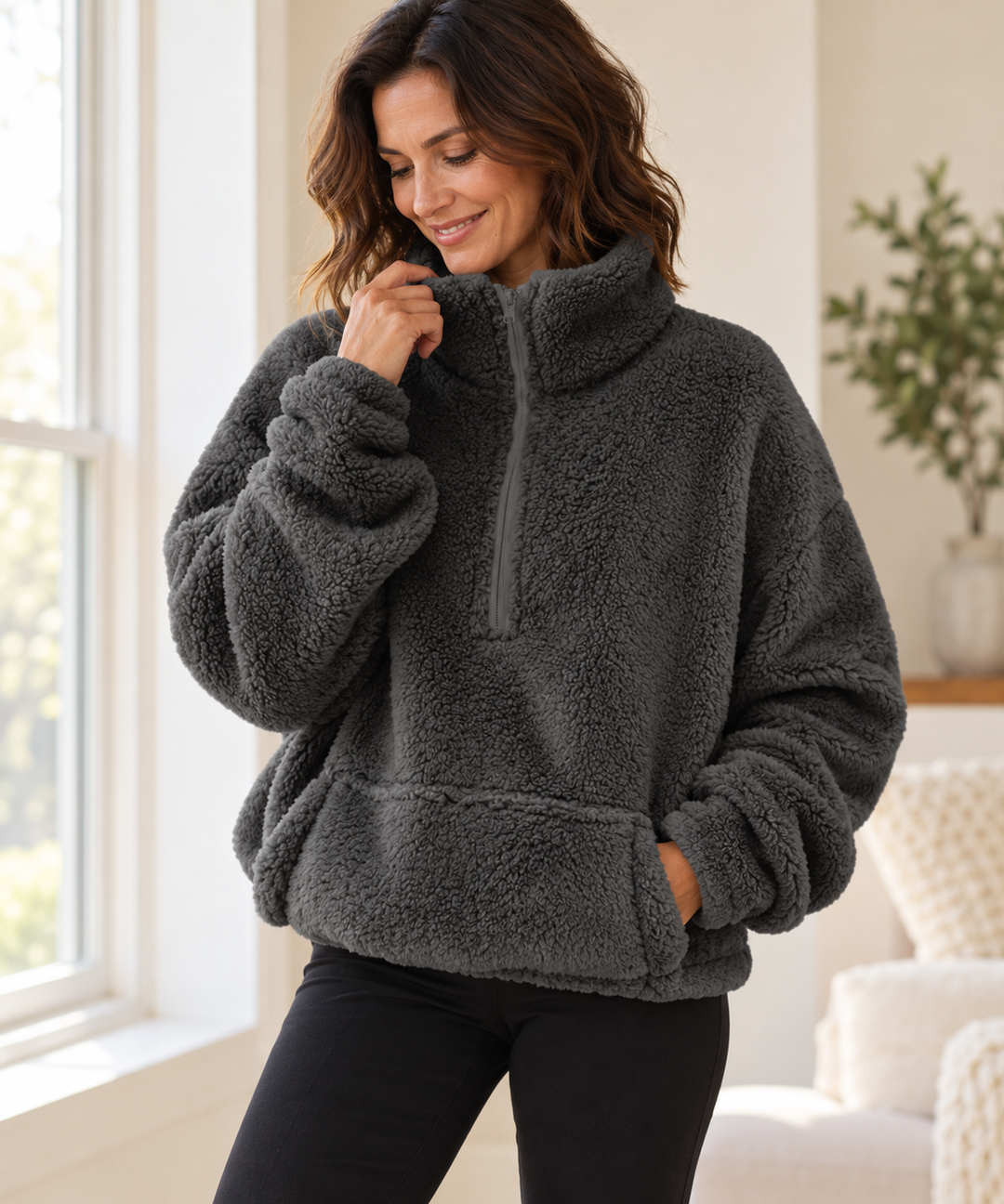 Teddy Fleece Half-Zip for Women, Oversized with Stand Collar