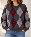 Women's Argyle Sweater | Gray & Burgundy Diamond Knit Crew Neck