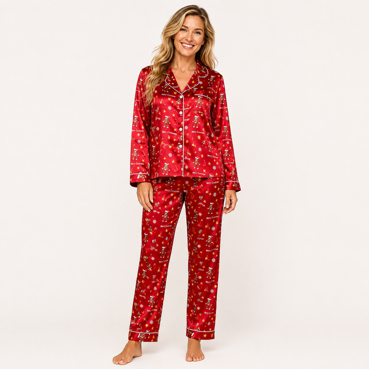 Red Satin Christmas Pajama Set for Women, Long Sleeve – photo 3