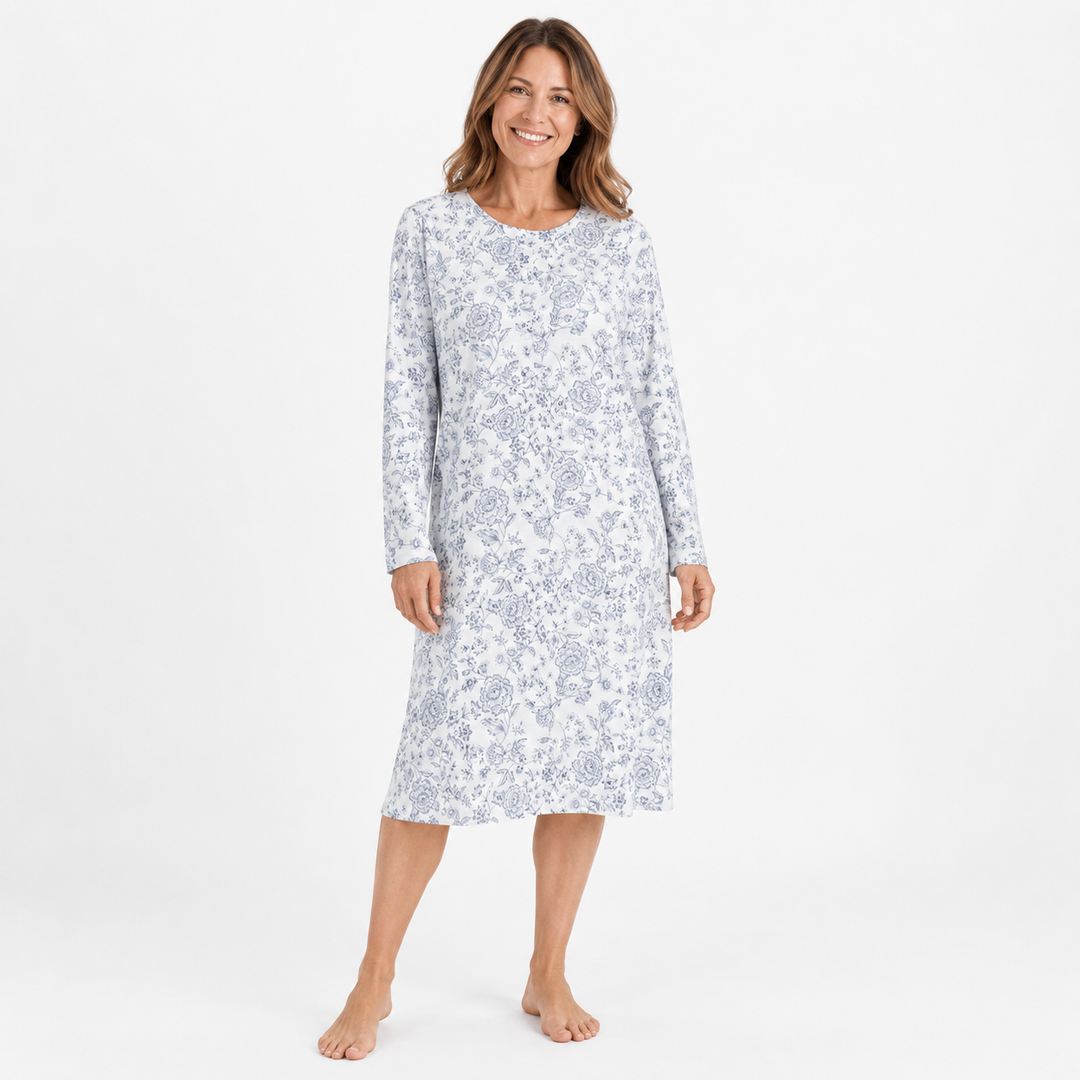 Floral Nightgown for Women, Long Sleeve with Button Placket