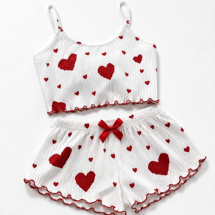 Heart Print Pajama Set for Women, Ribbed Cami and Shorts