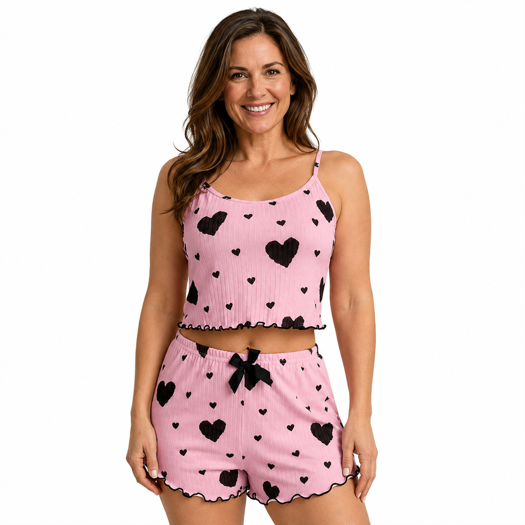 Heart Print Pajama Set for Women, Ribbed Cami and Shorts