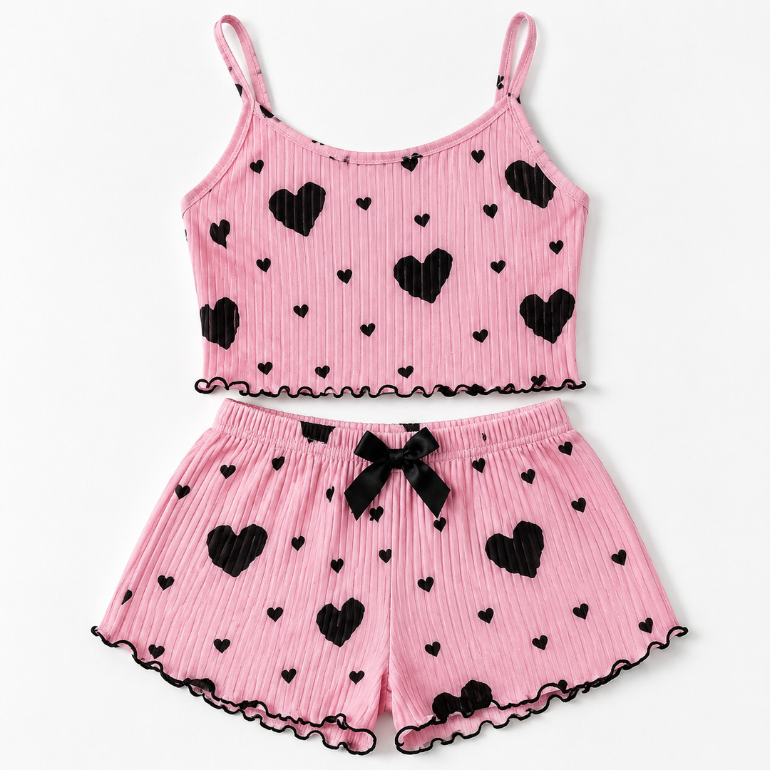 Heart Print Pajama Set for Women, Ribbed Cami and Shorts