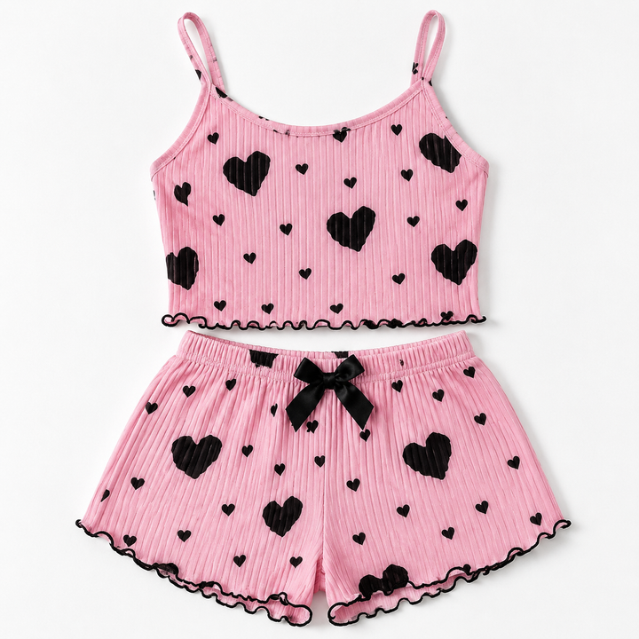 Heart Print Pajama Set for Women, Ribbed Cami and Shorts
