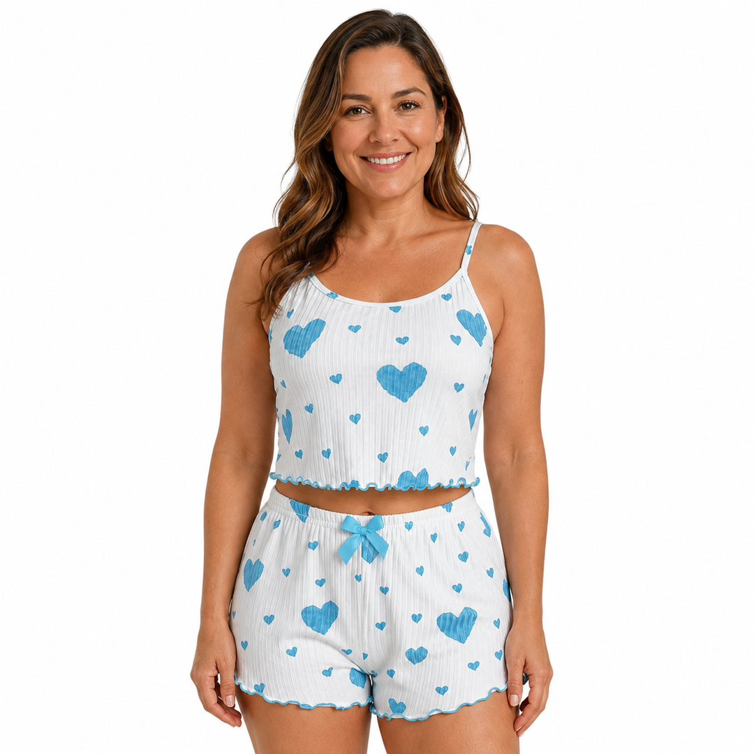 Heart Print Pajama Set for Women, Ribbed Cami and Shorts