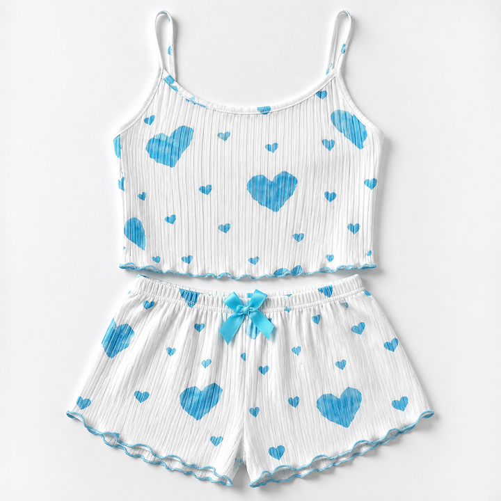 Heart Print Pajama Set for Women, Ribbed Cami and Shorts