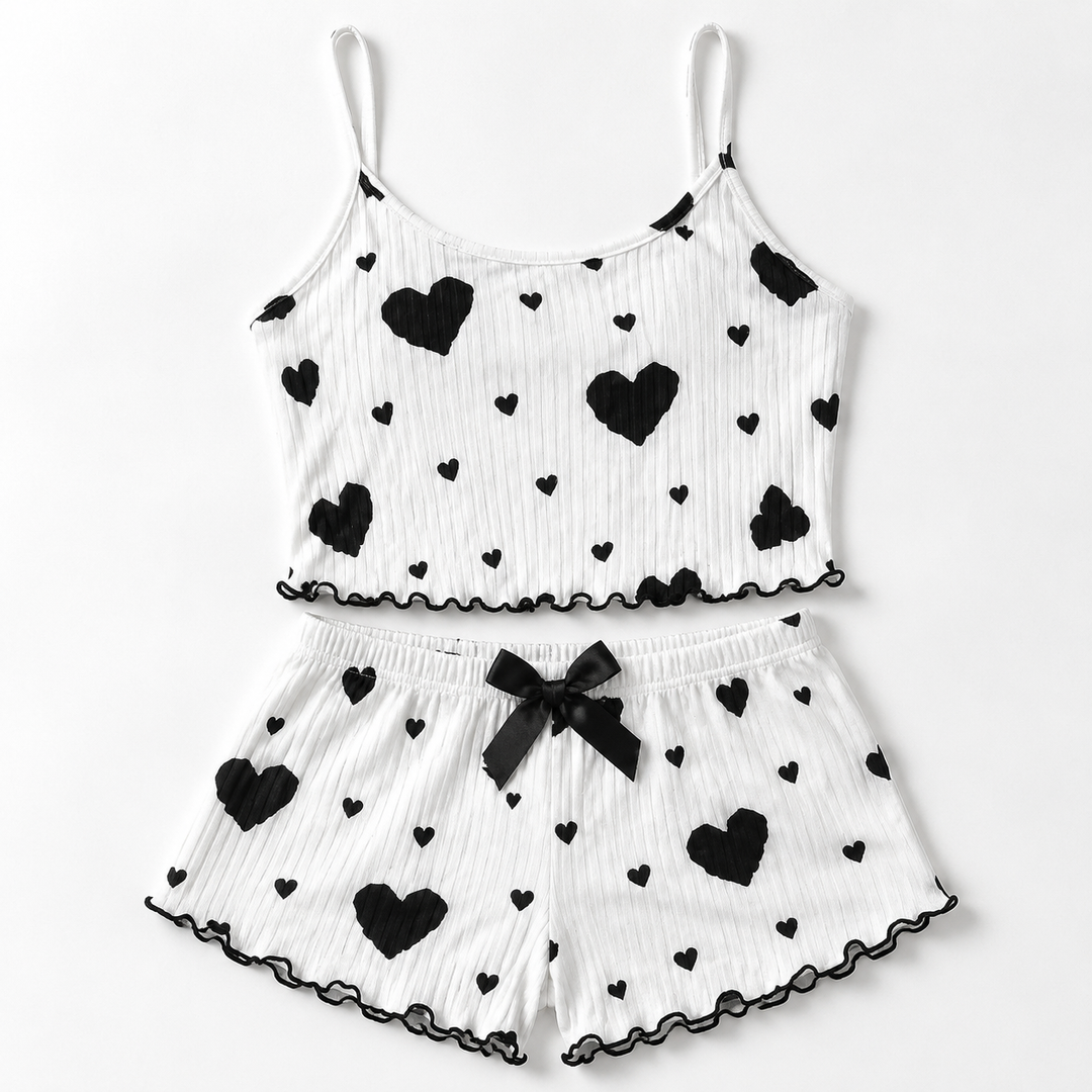 Heart Print Pajama Set for Women, Ribbed Cami and Shorts