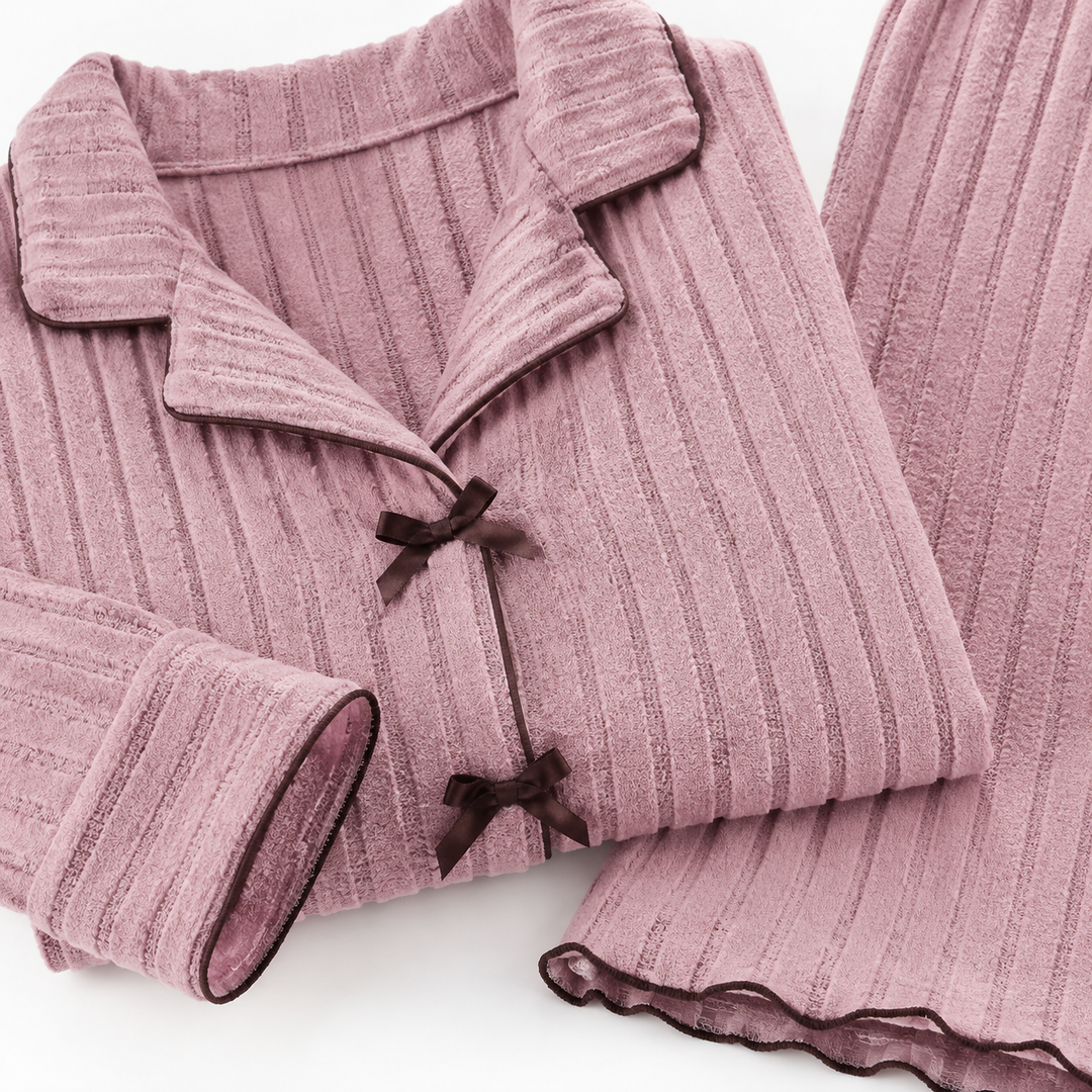 Fleece Pajama Set for Women, Turn-Down Collar and Pants