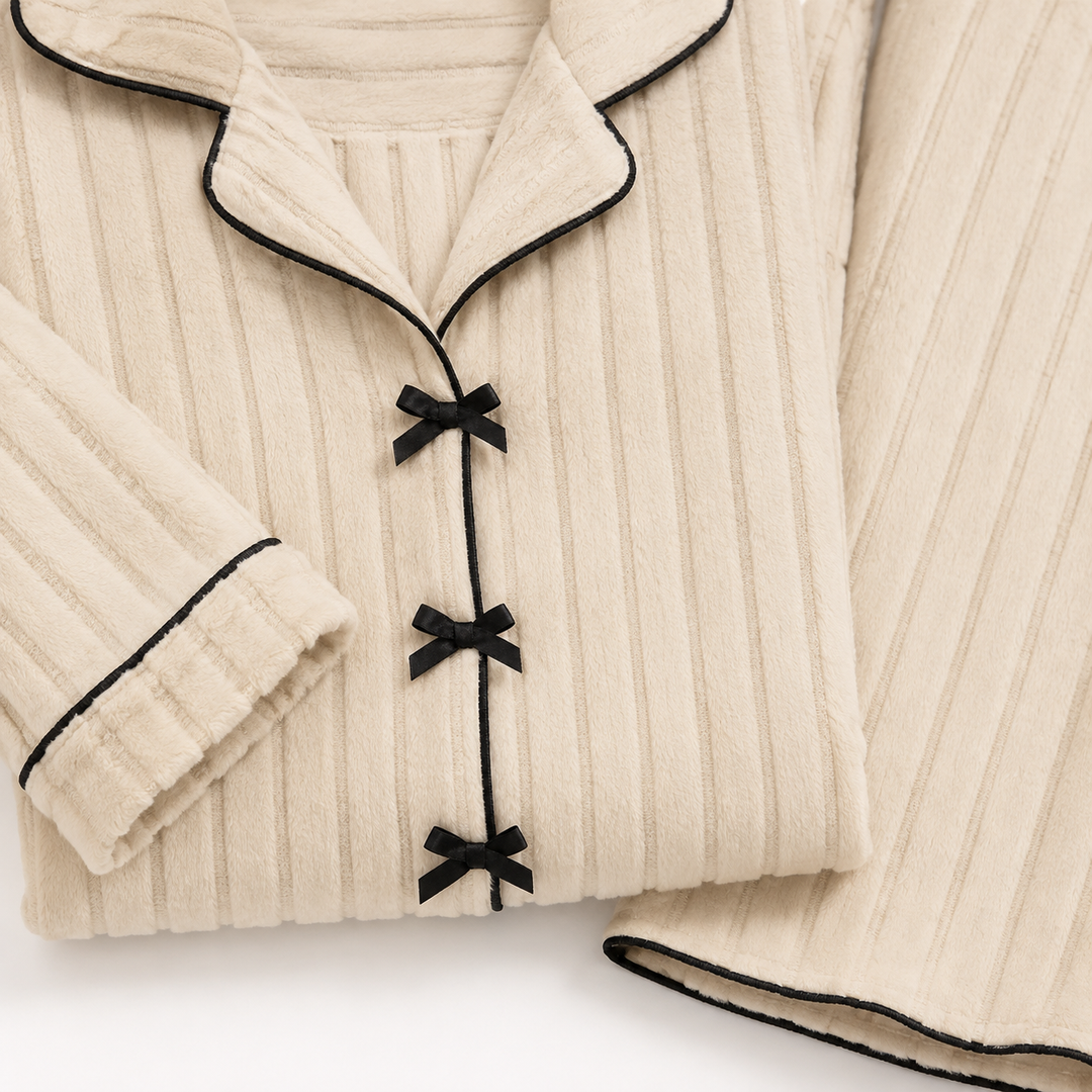 Fleece Pajama Set for Women, Turn-Down Collar and Pants