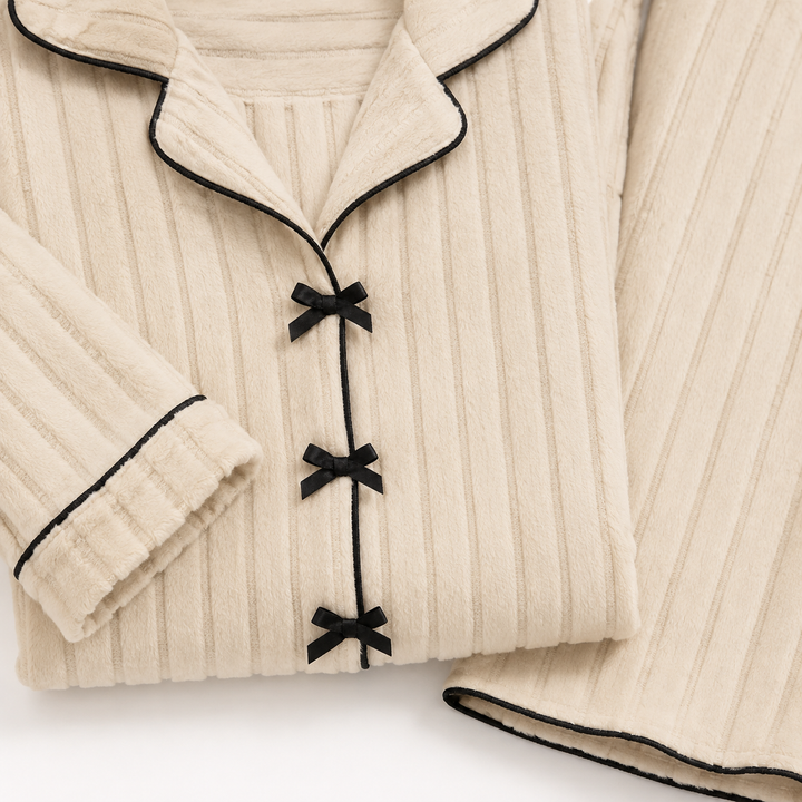 Fleece Pajama Set for Women, Turn-Down Collar and Pants