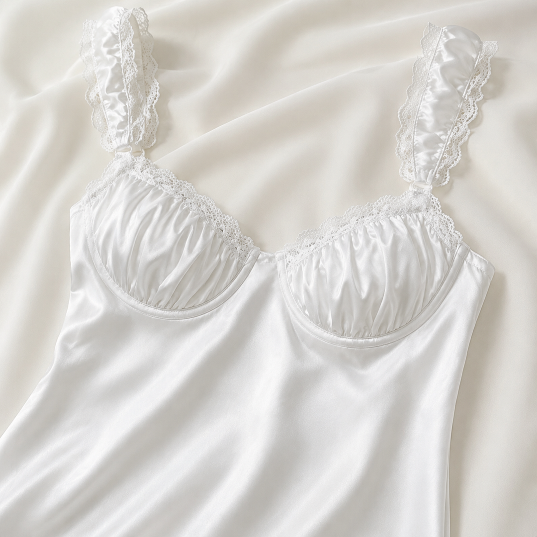 White Satin Nightgown for Women, Lace Trim Chemise – photo 2