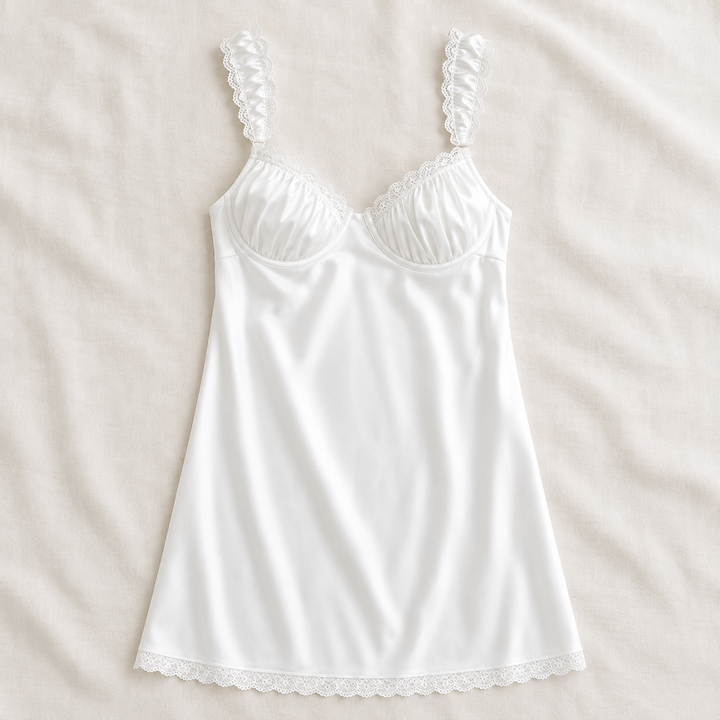 White Satin Nightgown for Women, Lace Trim Chemise – photo 3