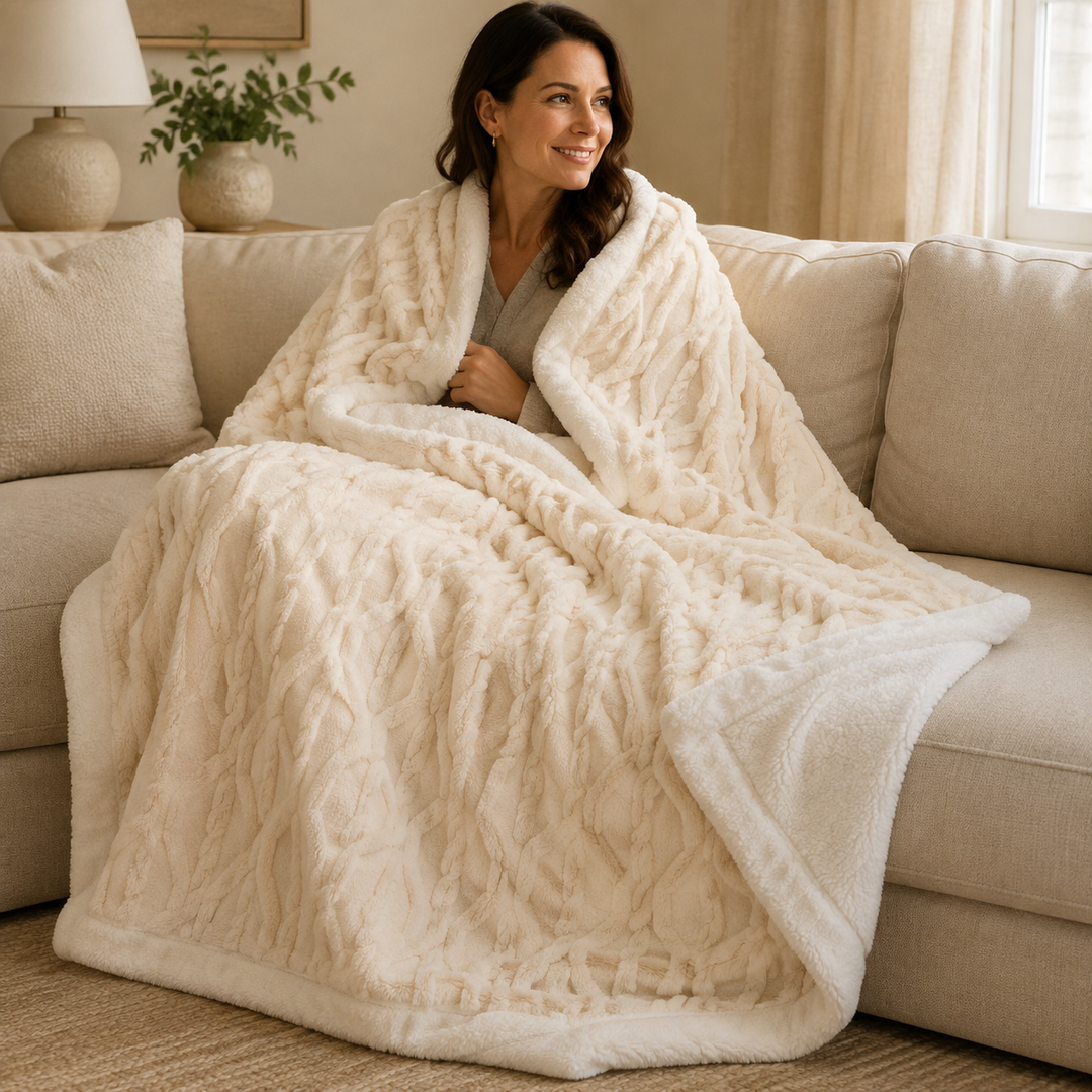 Warm brushed fleece blanket folded on a bed