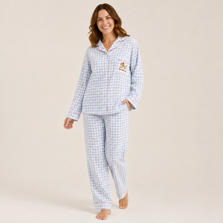 Check Pajama Set for Women, Long Sleeve Cardigan Style
