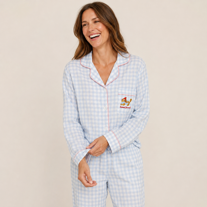 Check Pajama Set for Women, Long Sleeve Cardigan Style