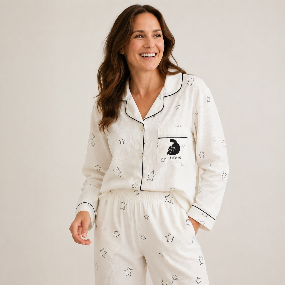 Check Pajama Set for Women, Long Sleeve Cardigan Style