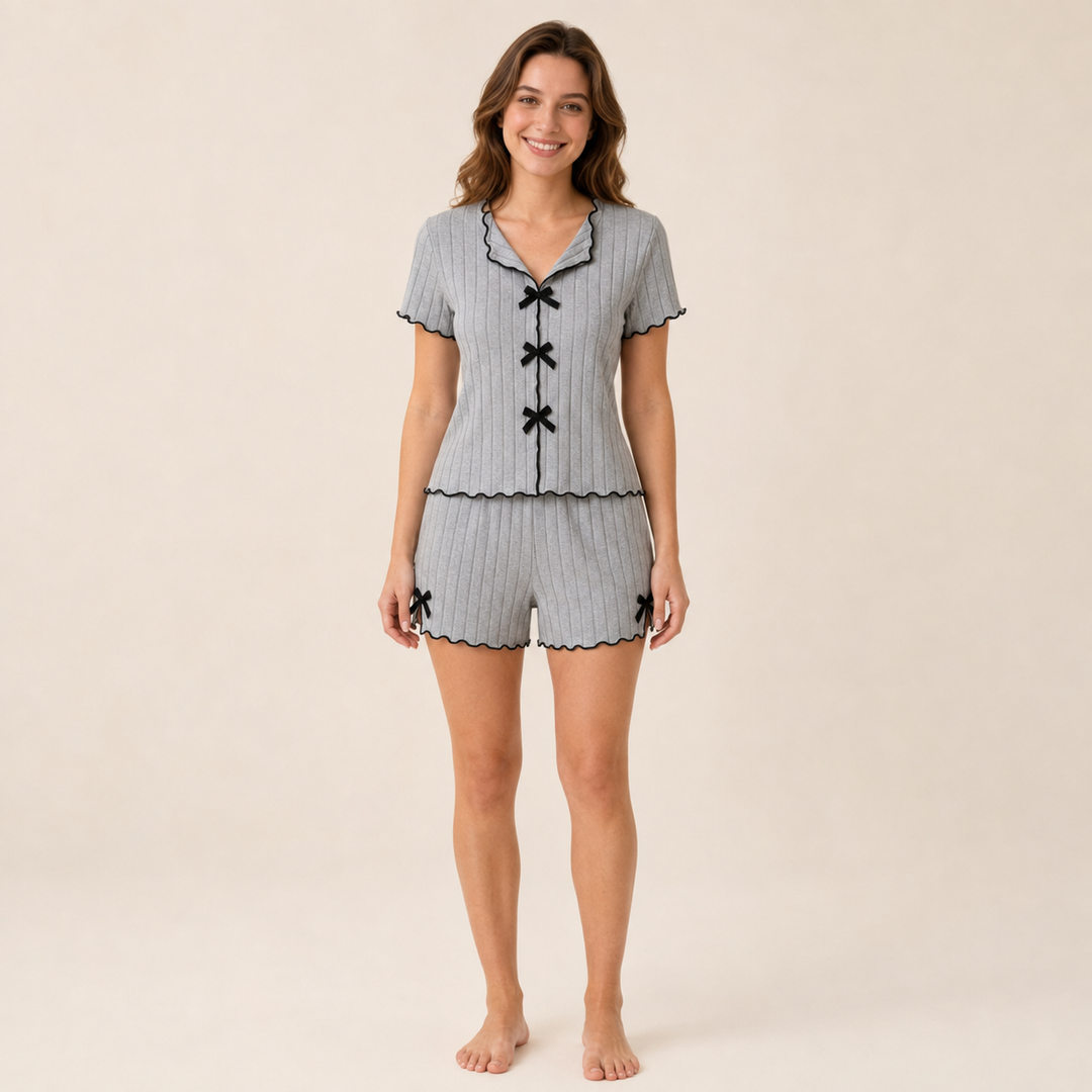 Bow Detail Pajama Set for Women, Short Sleeve and Shorts