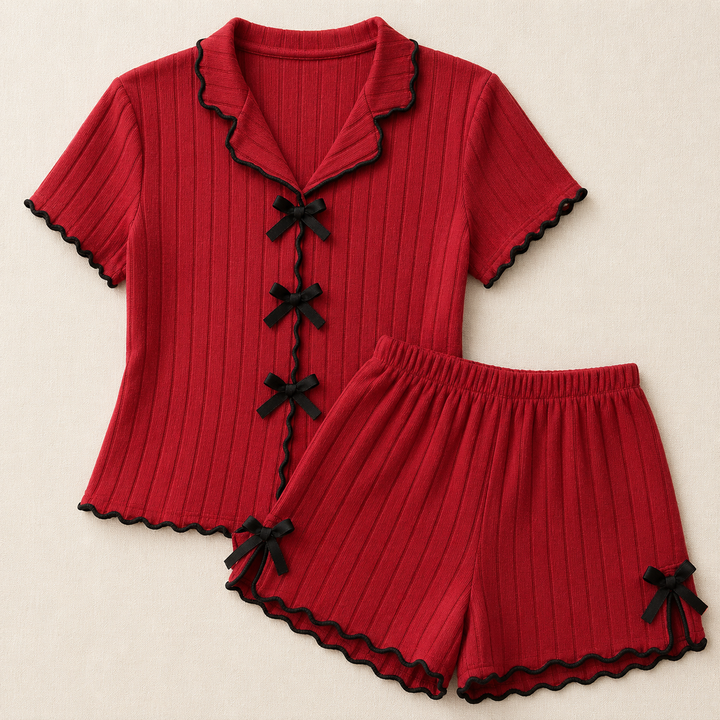 Bow Detail Pajama Set for Women, Short Sleeve and Shorts