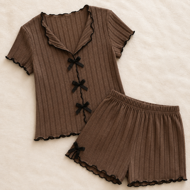 Bow Detail Pajama Set for Women, Short Sleeve and Shorts