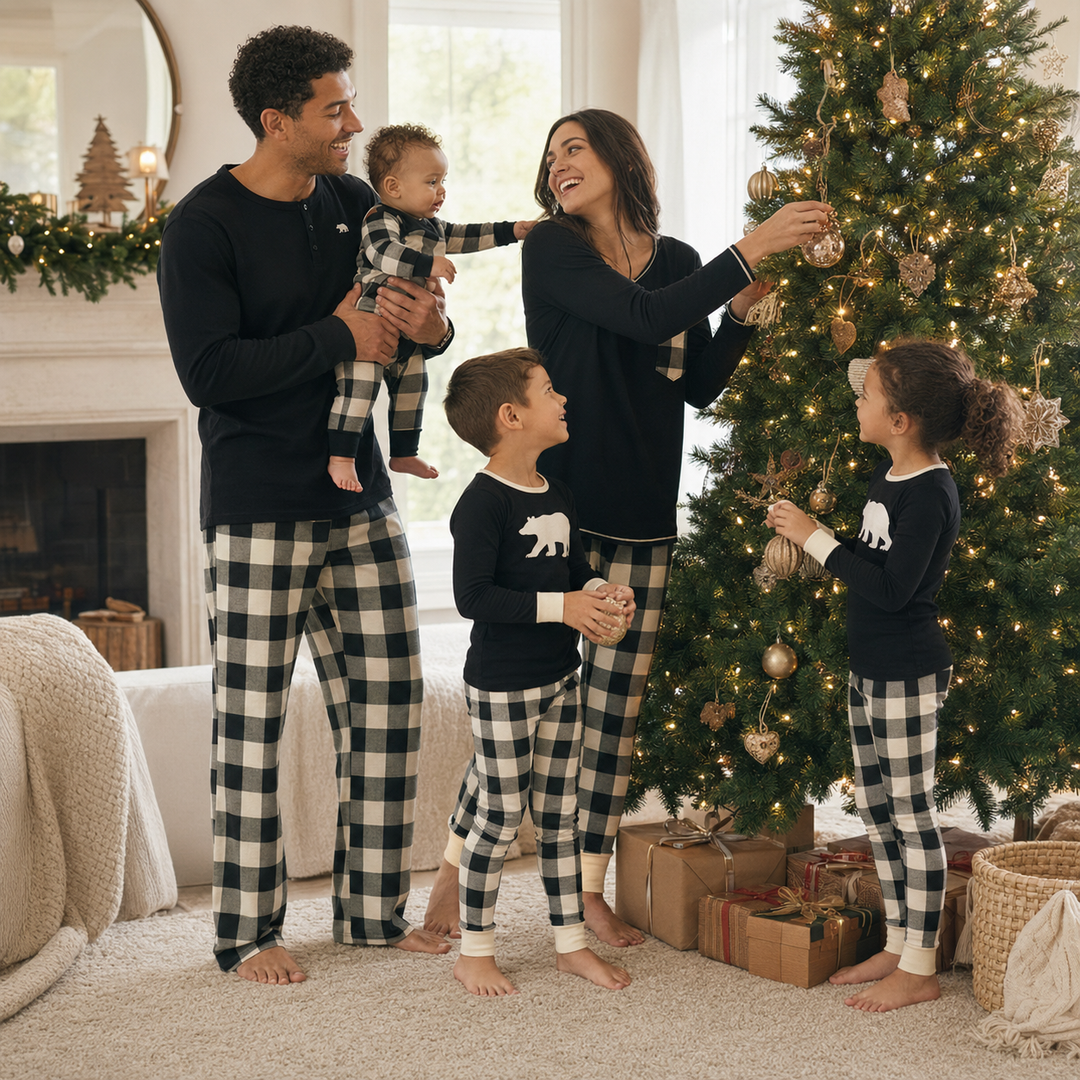 Matching Family Christmas Pajamas - Buffalo Plaid Bear, Black &amp; Cream